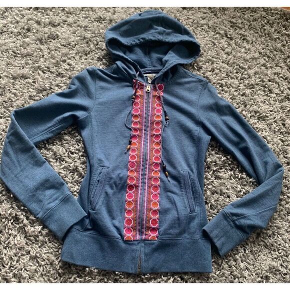 Lucky Brand BOHO blue EMBROIDERED FULL ZIP HOODIE HOODED Sweatshirt sz XS - Picture 1 of 4